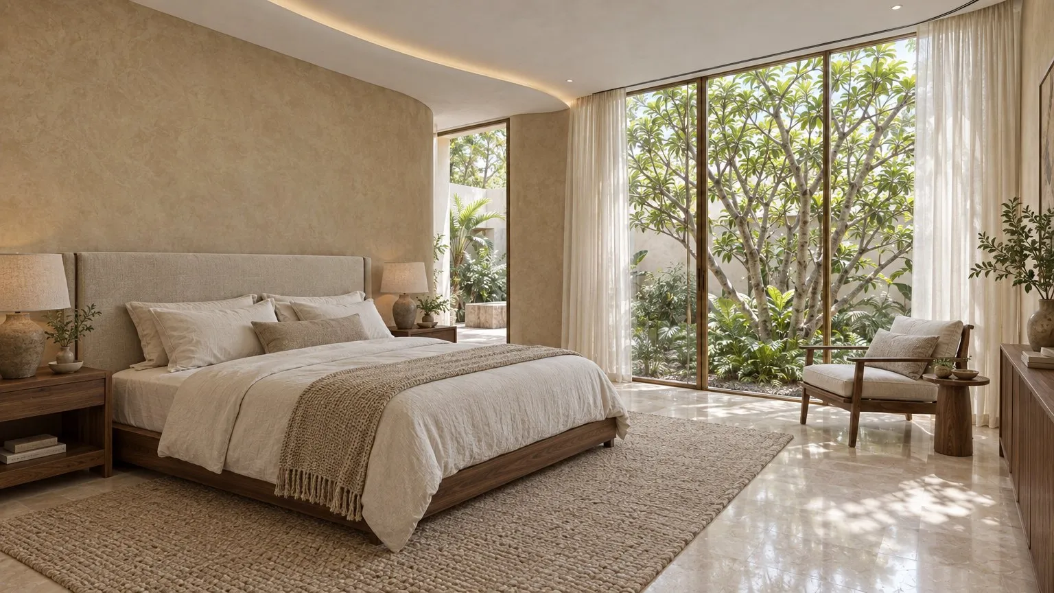 Master bedroom in linen and walnut opening onto the courtyard garden