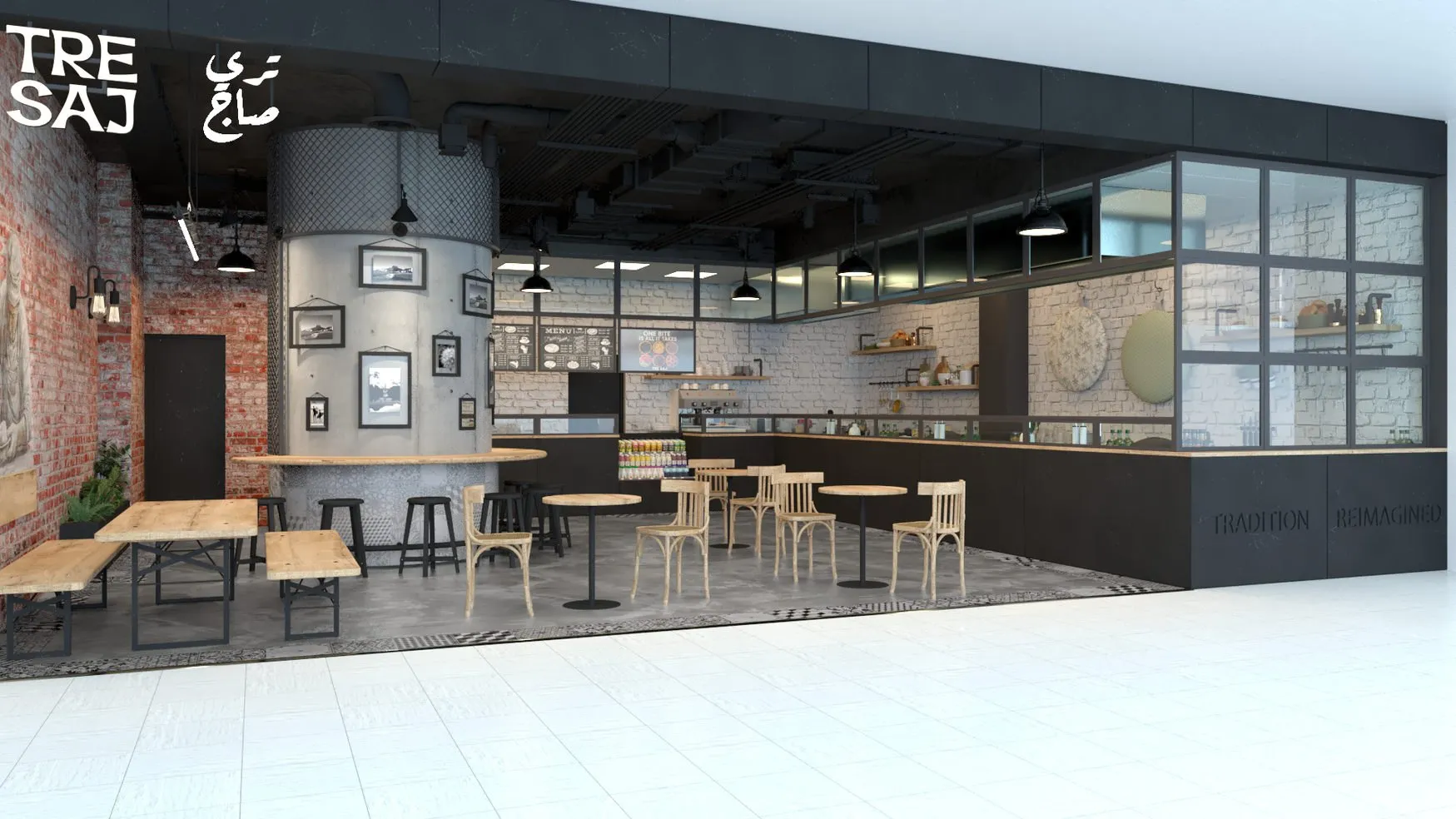 Tre Saj café interior with timber tables, bentwood chairs and the brick feature wall
