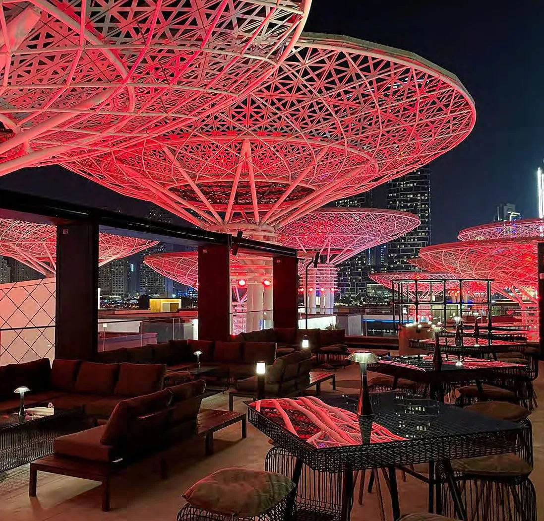 Red lattice canopy over the terrace
