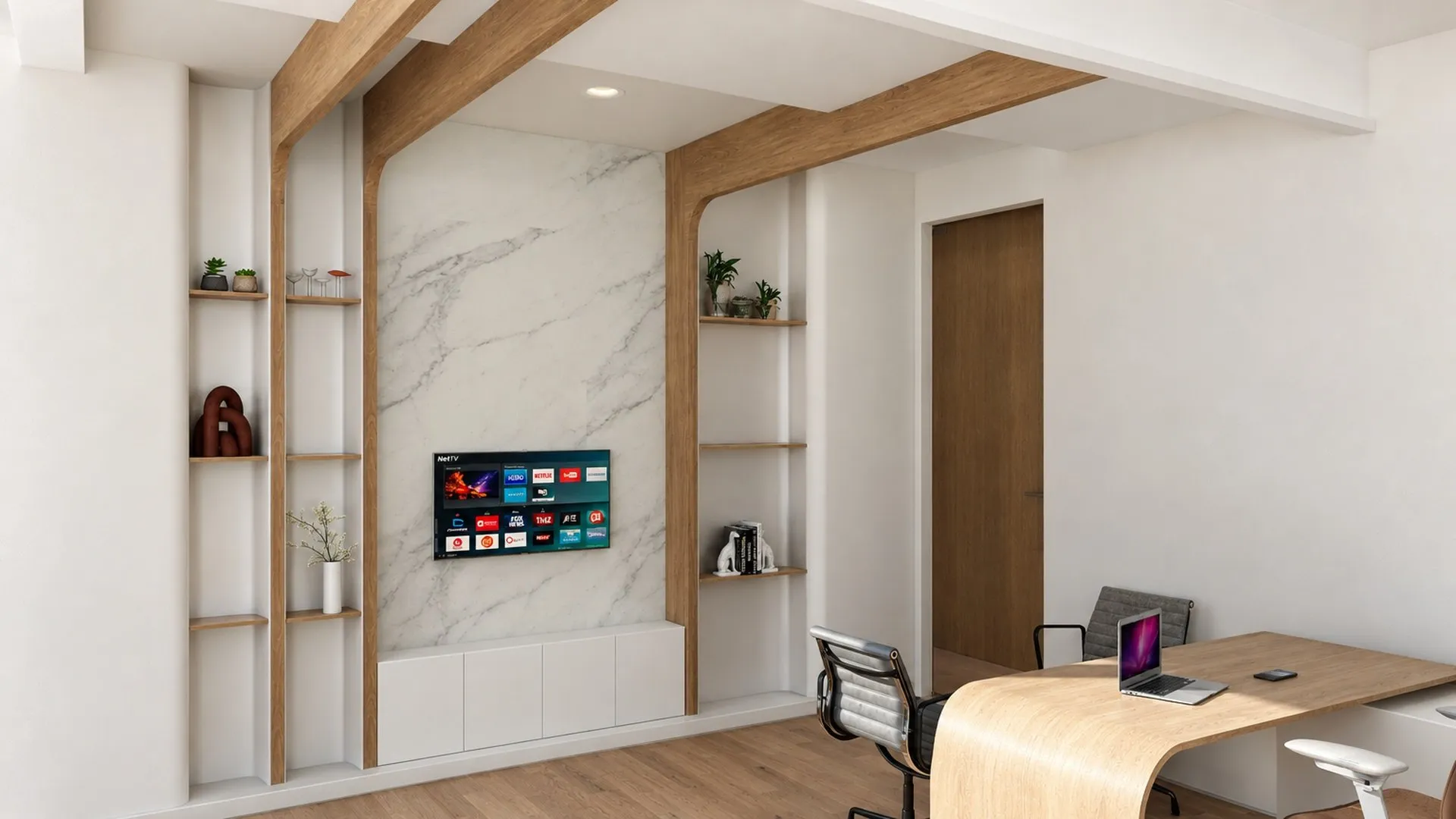 Executive office with a marble wall, oak shelving and a curved desk