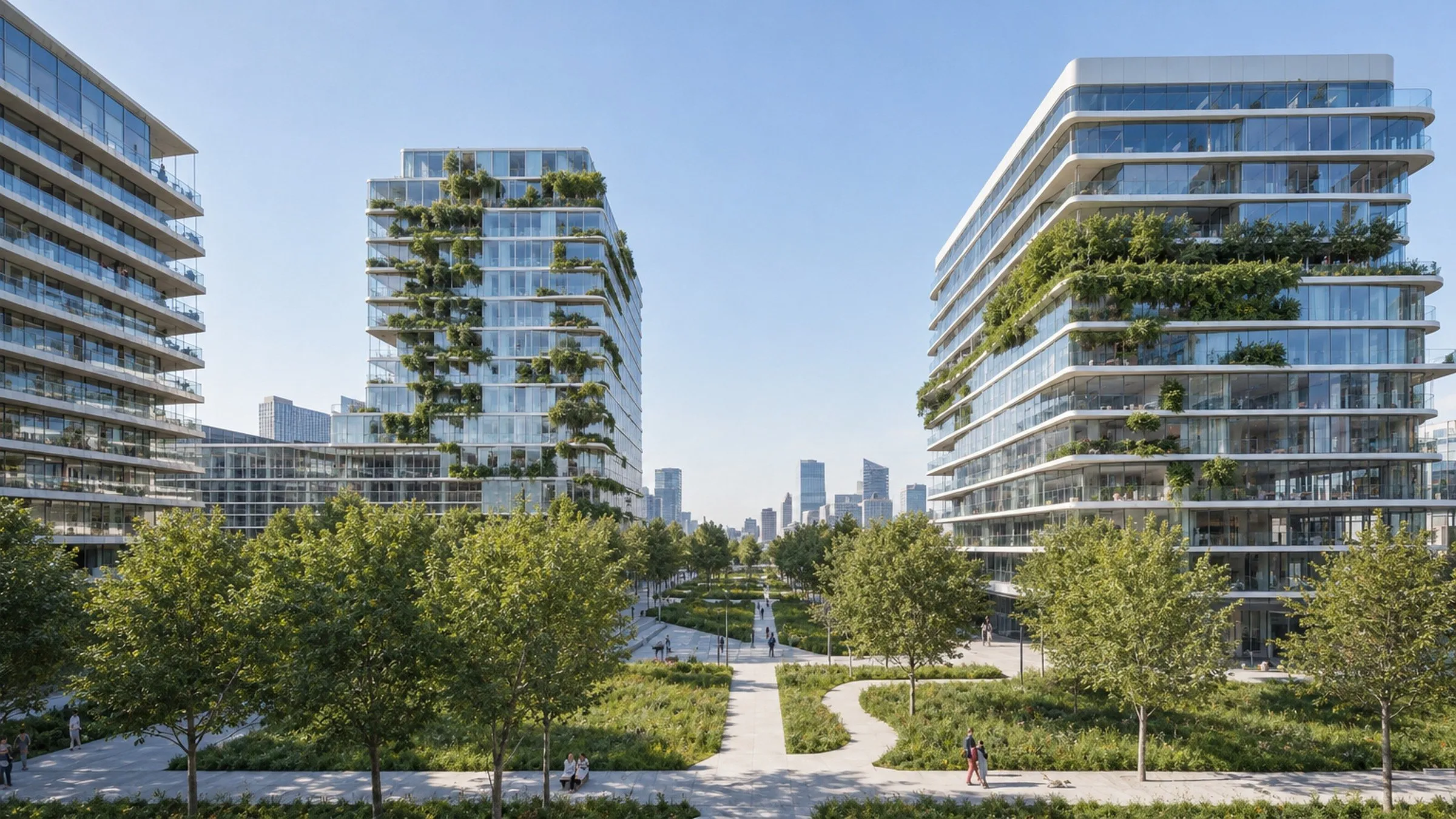 Aerial view of terraced glass buildings with planted balconies rising along a linear park
