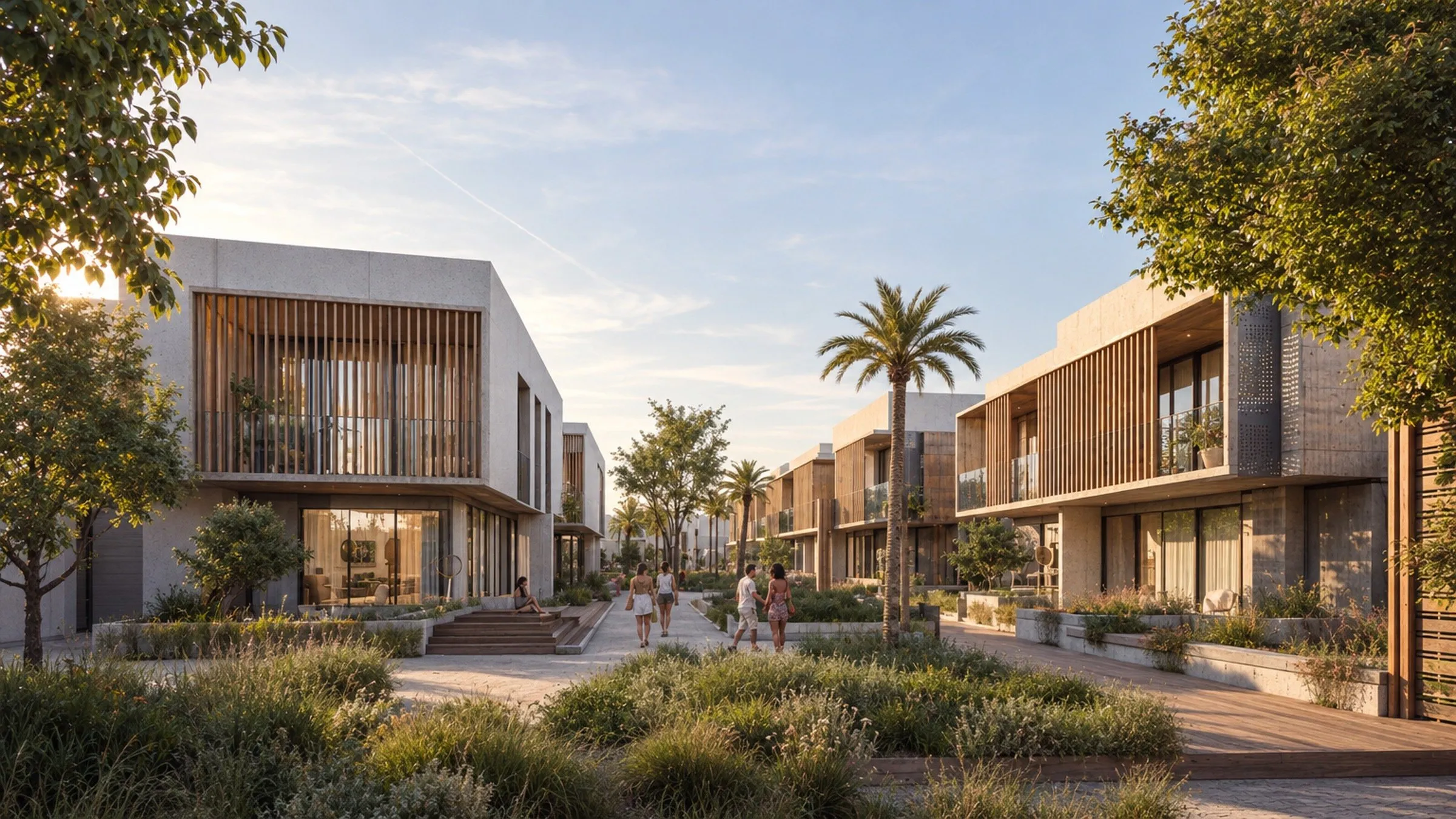 Townhouses with white render and vertical timber screens along a shaded pedestrian lane