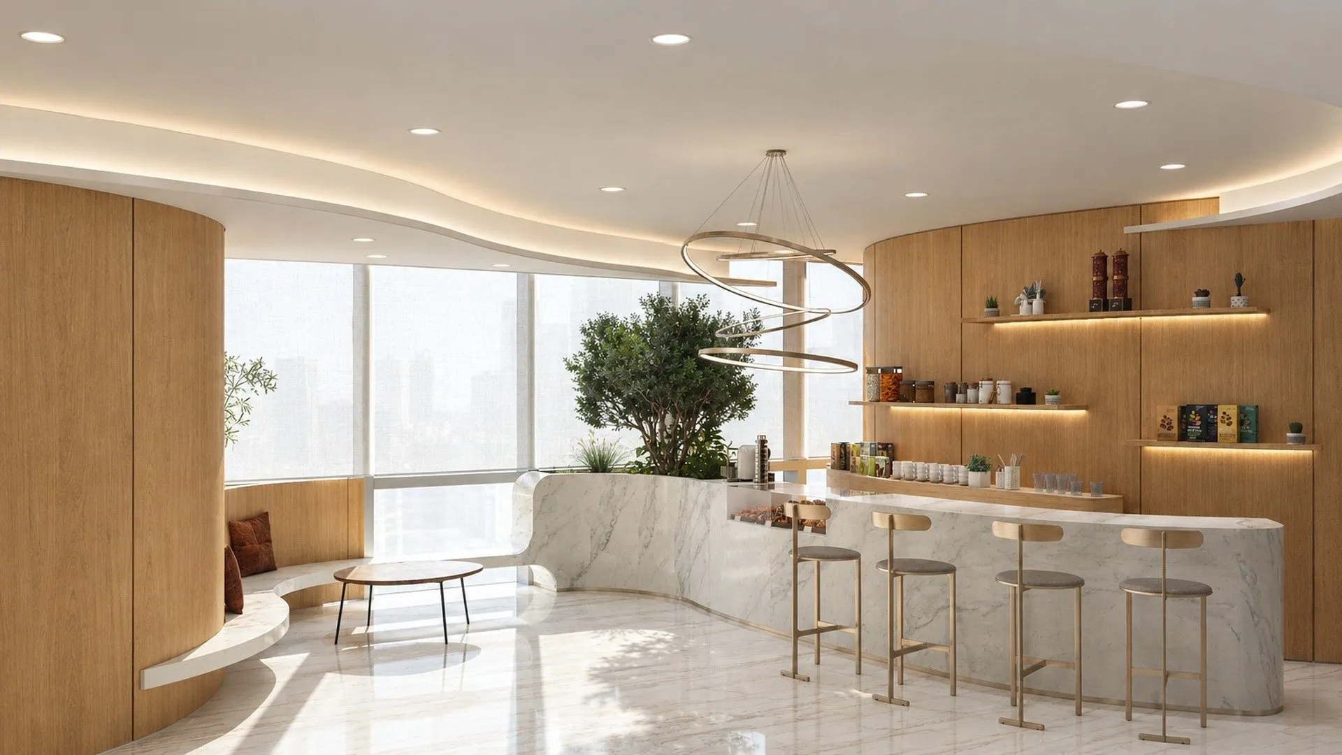Office coffee bar and lounge with curved oak walls and a white marble counter, city view behind