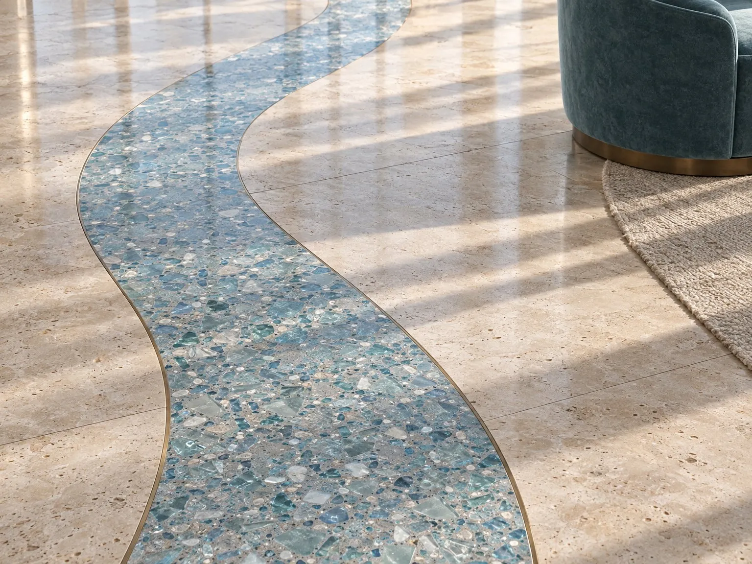 Detail of the sea-glass terrazzo band set into honed travertine
