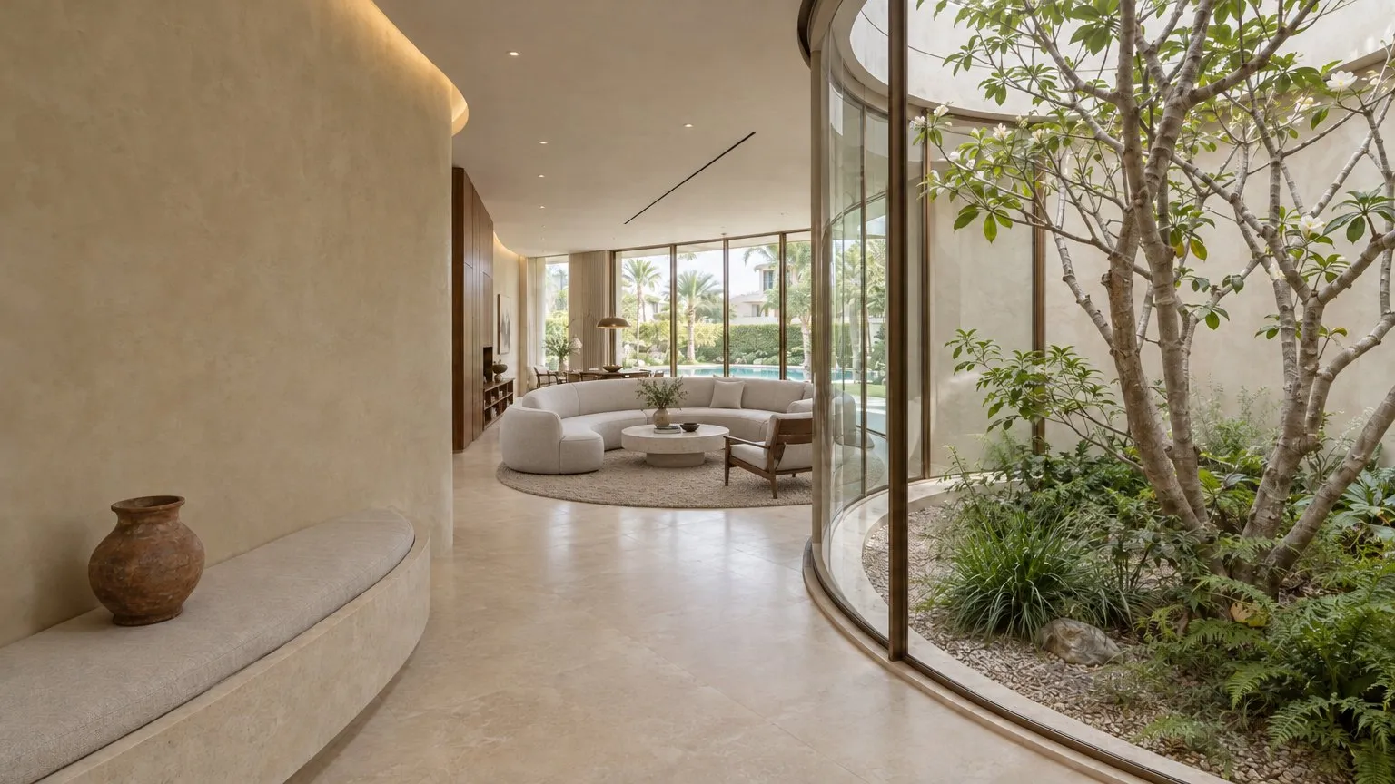 Entrance foyer with a curved clay-plaster wall and a view into the planted courtyard