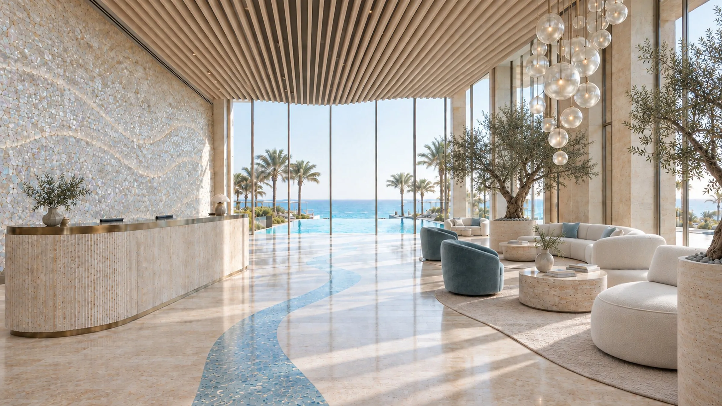 Hotel lobby concept by Kreyo: travertine reception, oak ceiling baffles and a sea-glass terrazzo band leading to the pool