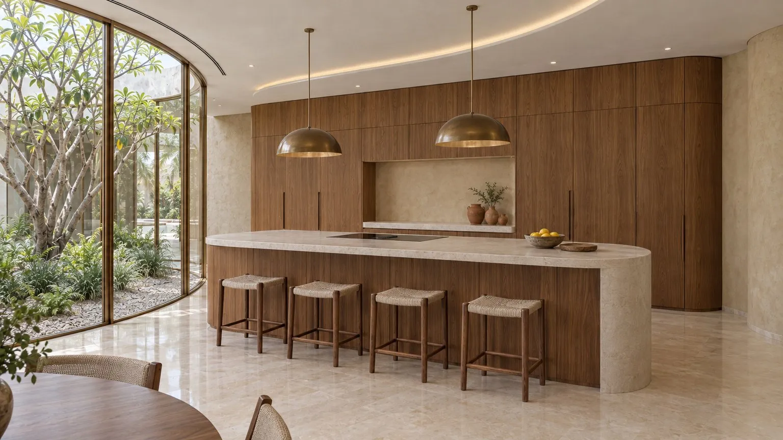 Kitchen with walnut joinery, a stone island, rattan stools and brass pendants, courtyard beyond