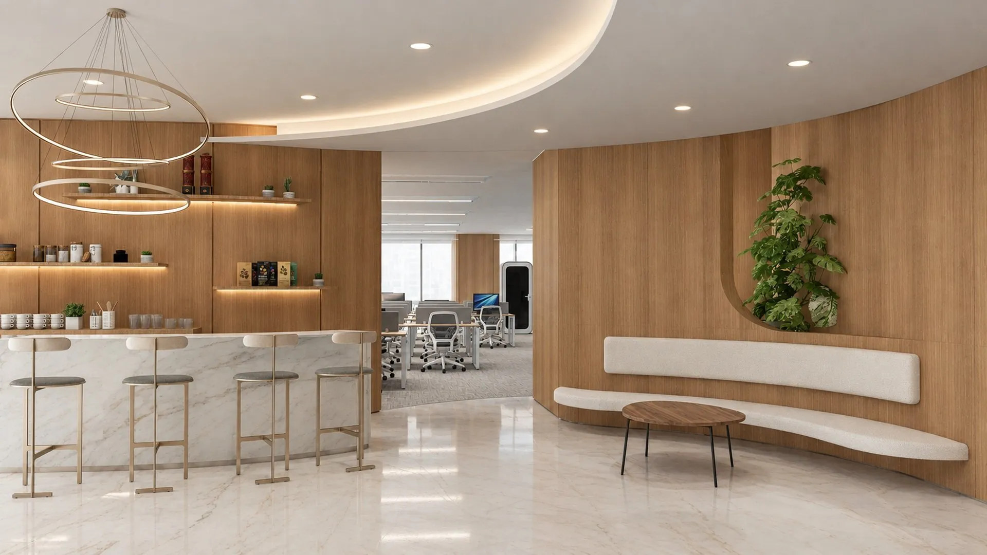 Arrival lobby with a curved oak wall, built-in planting and a long upholstered bench