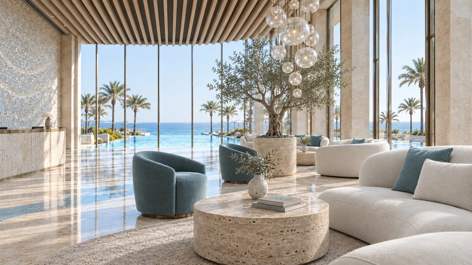 Lounge seating in off-white boucle and teal velvet under oak ceiling baffles, with the pool beyond the glazing