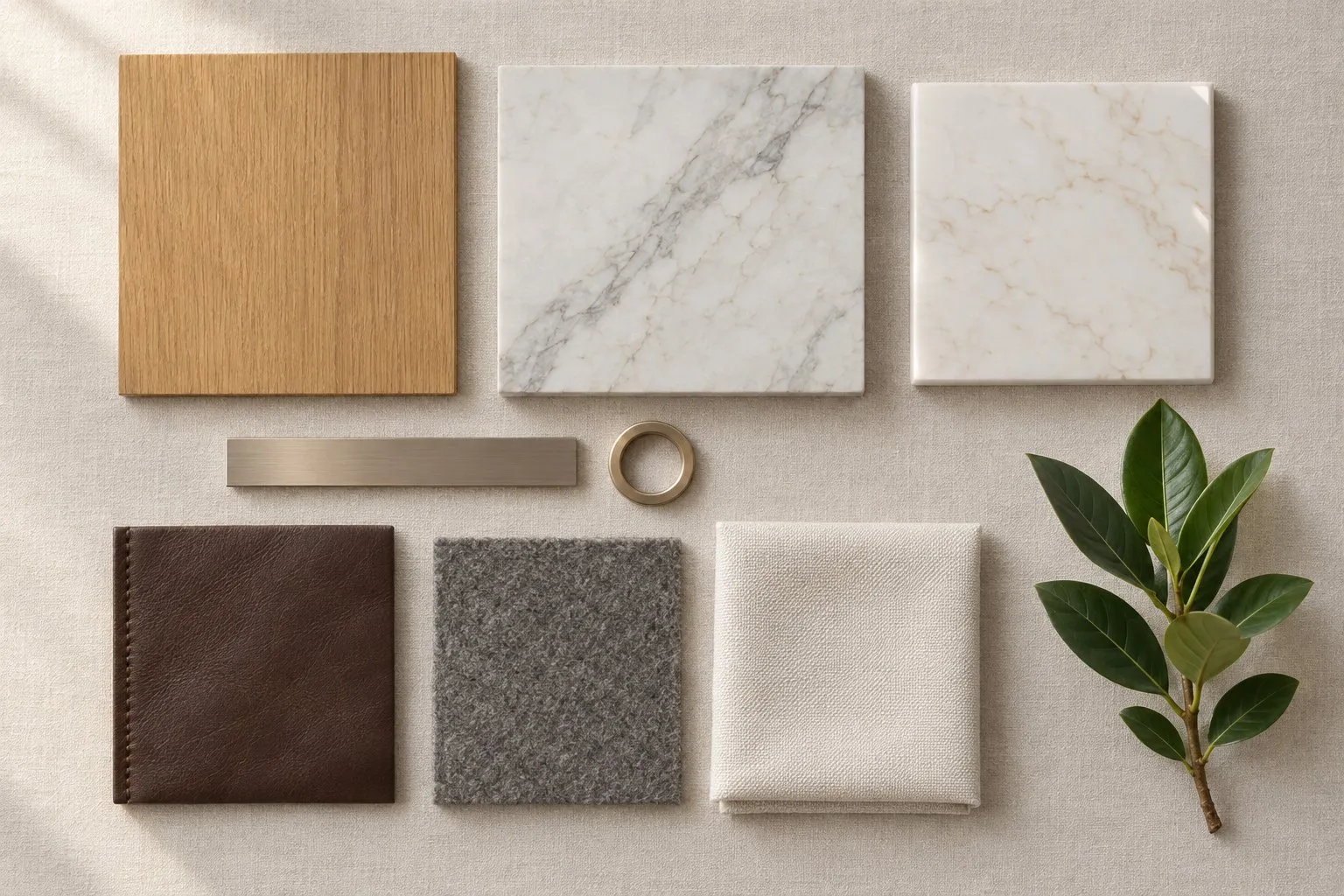 Material palette: oak, white marble, brass, dark leather and wool