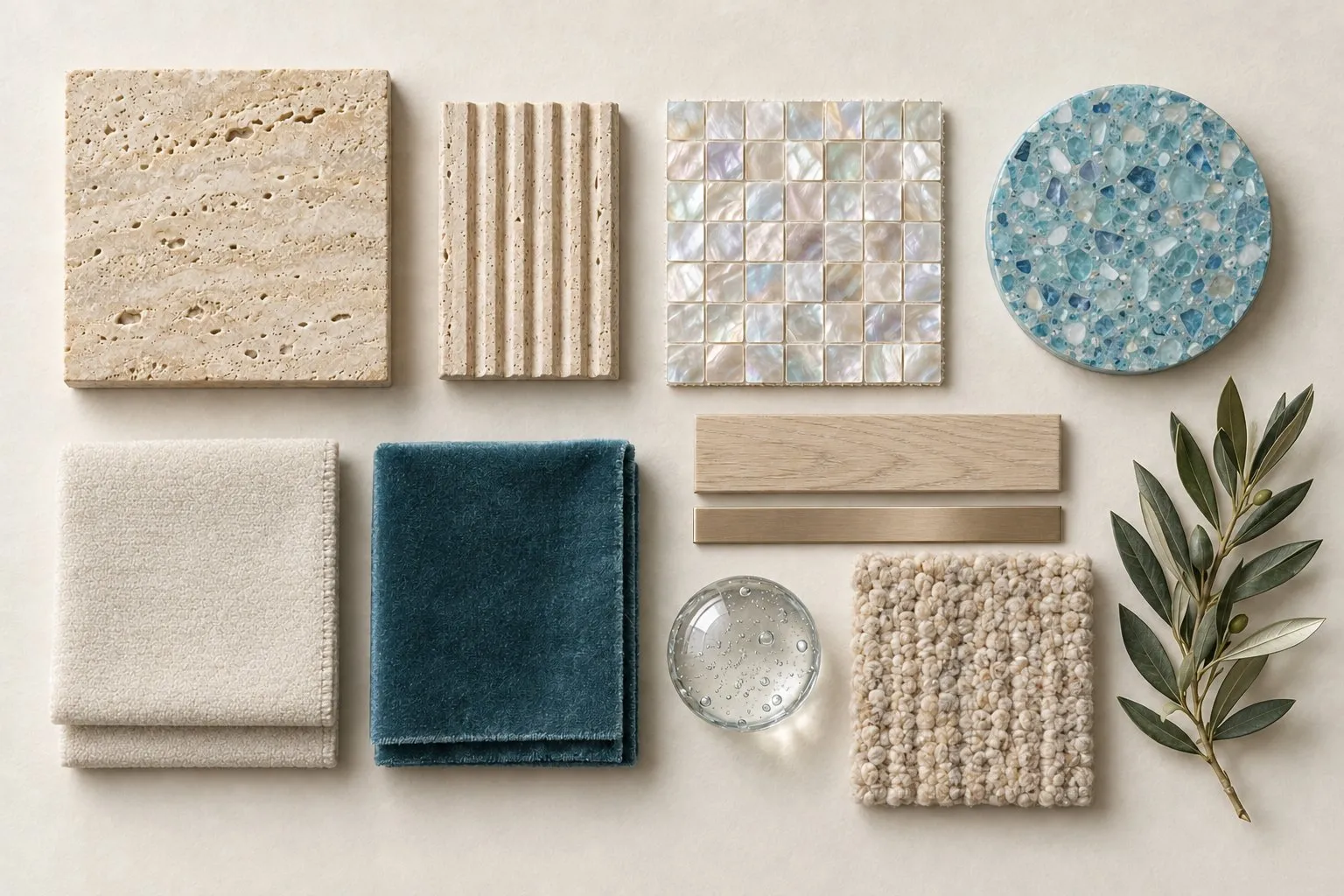 Material palette: travertine, fluted stone, mother-of-pearl, sea-glass terrazzo, bleached oak, boucle and teal velvet