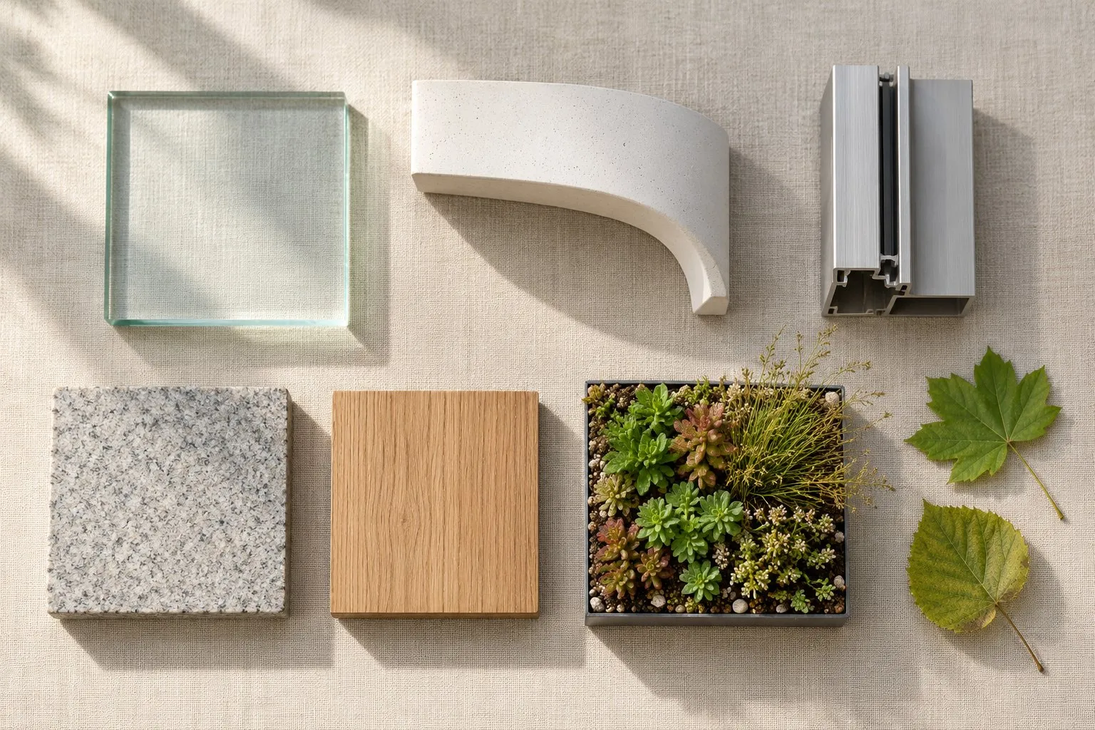 Material palette: clear glass, white concrete, aluminium and planting