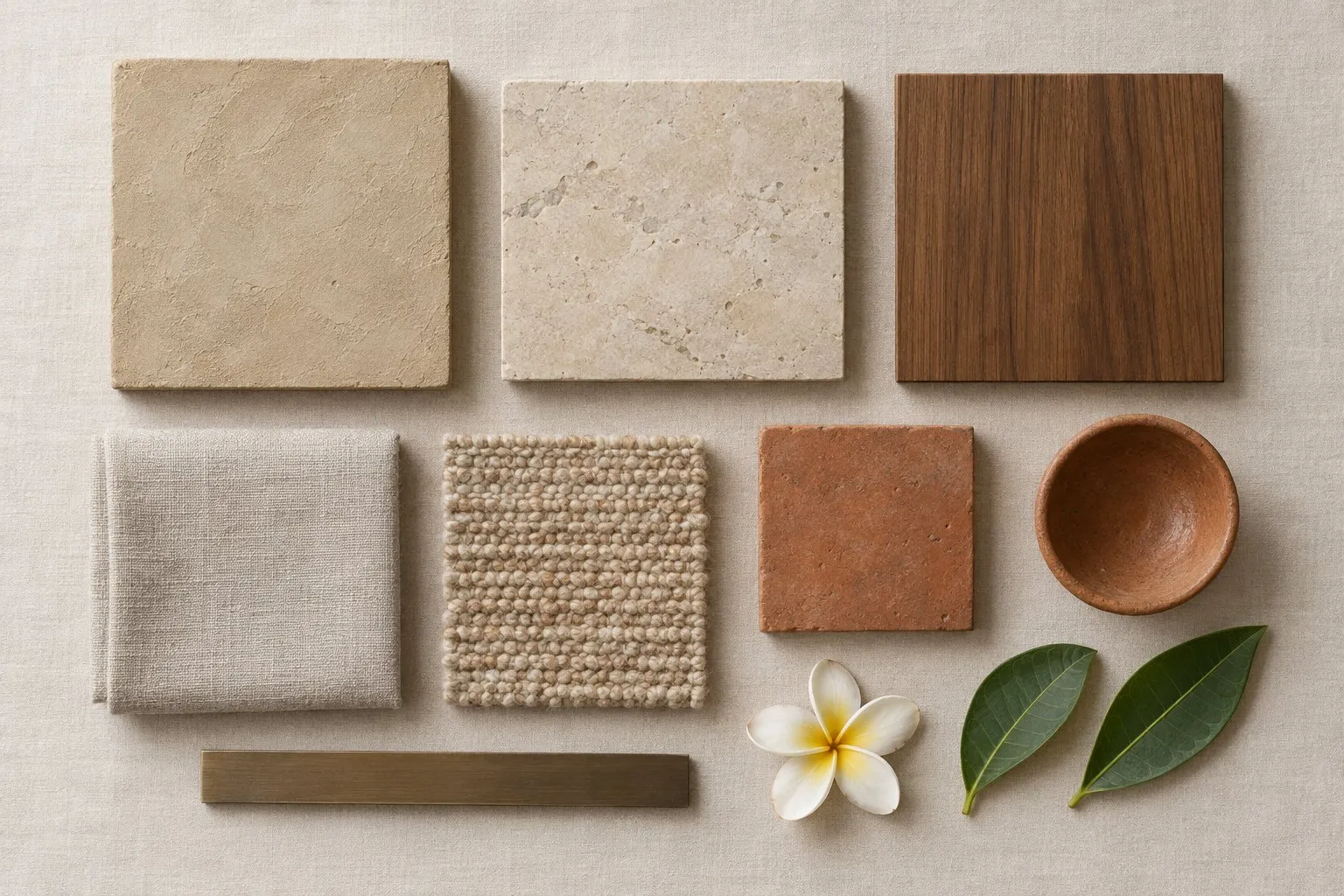 Material palette: clay plaster, limestone, walnut, linen and terracotta