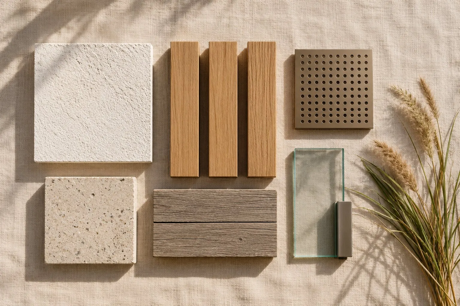 Material palette: white render, timber, stone and glass