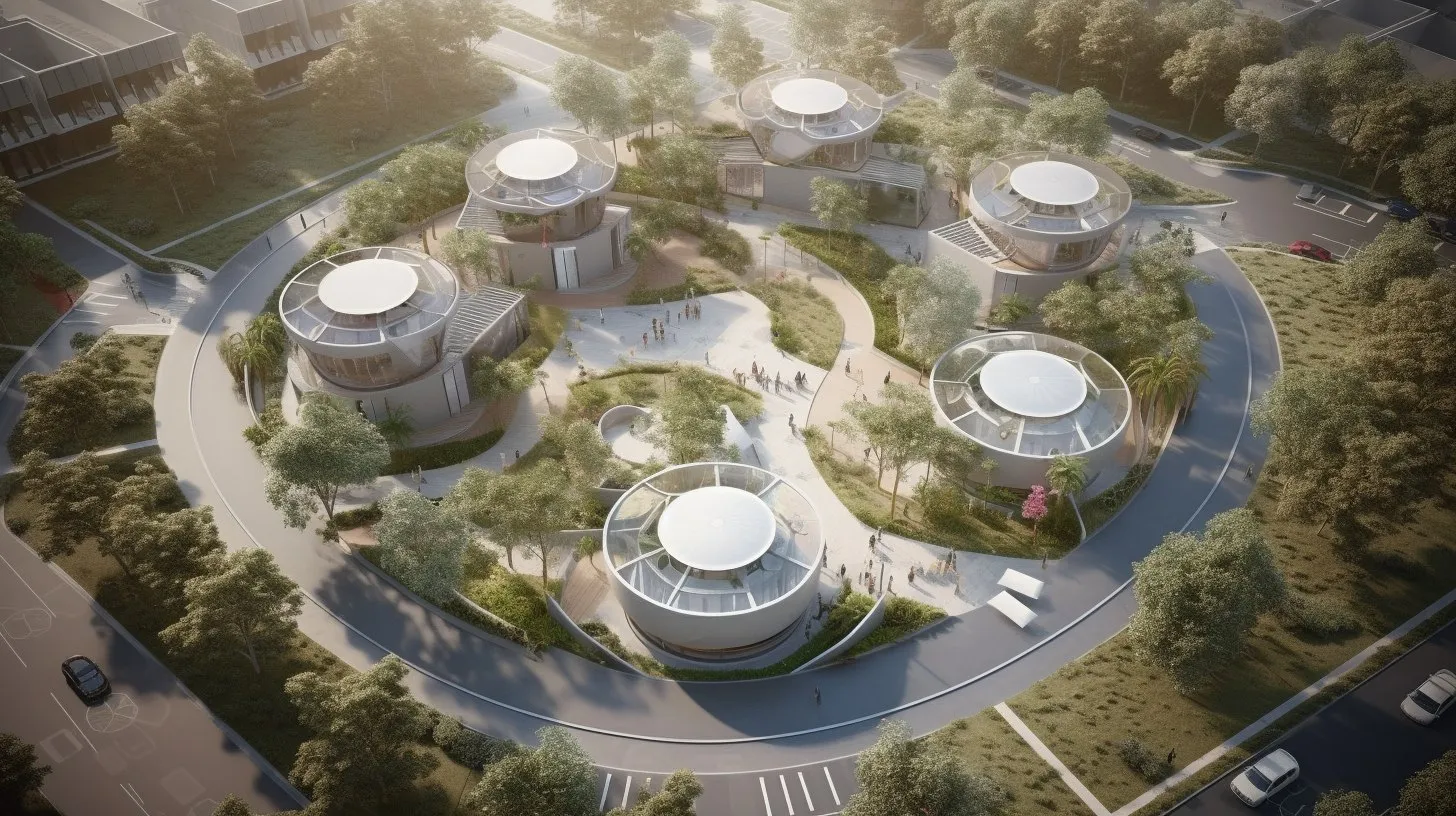 Aerial view of the round community pavilions in the park