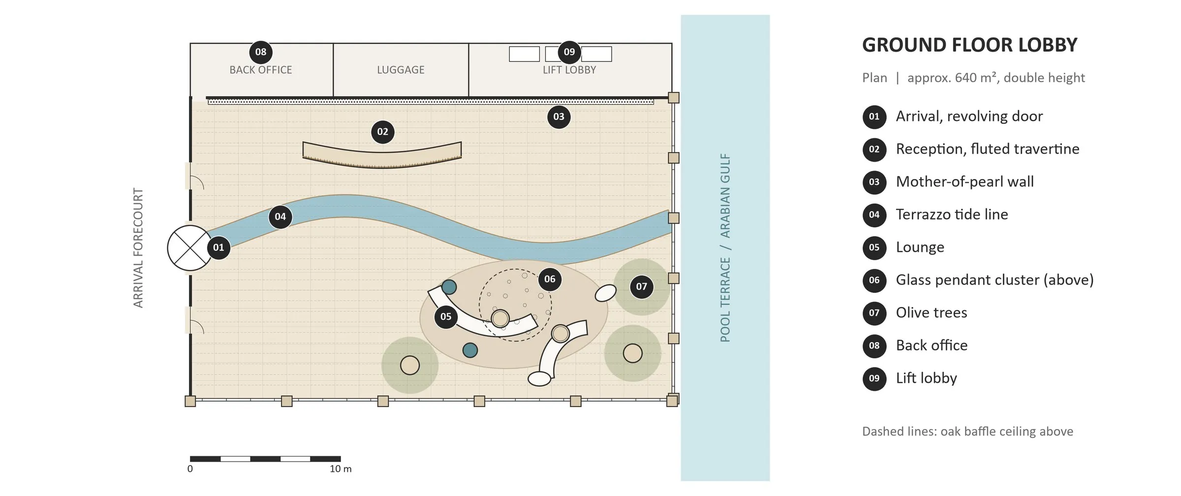 Ground floor lobby plan with the terrazzo tide line running from the entrance to the pool terrace