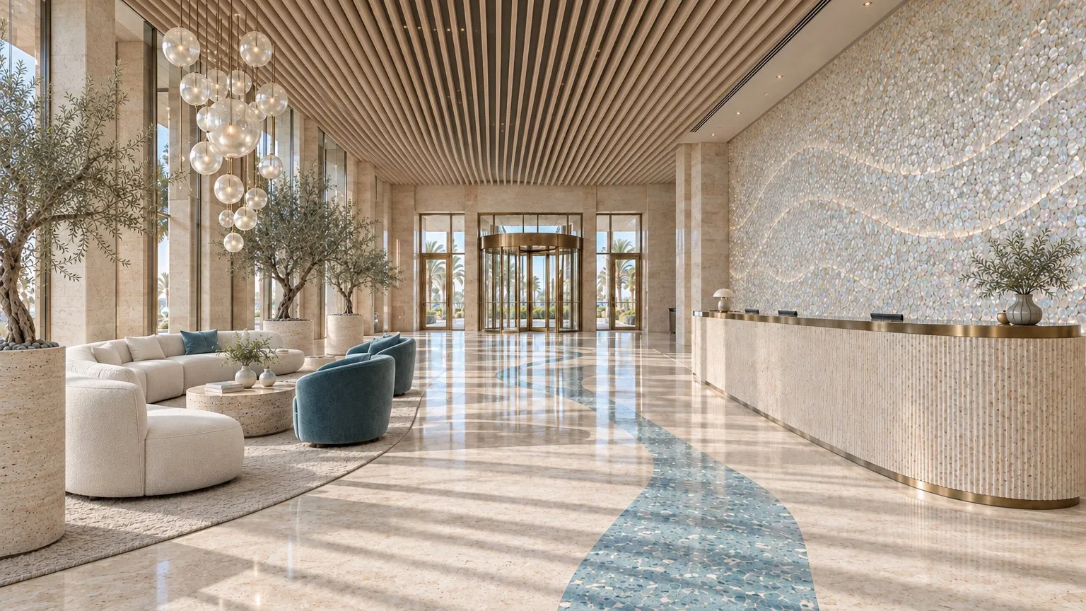 View back from the lounge toward the entrance, with the terrazzo band crossing the travertine floor