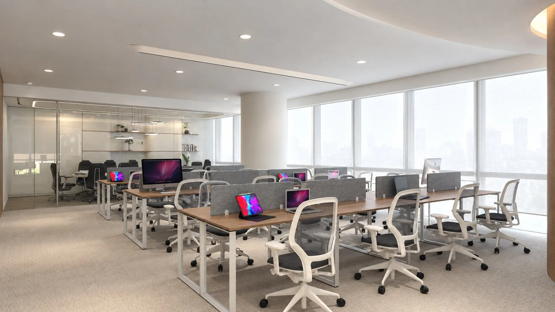 Sales area with workstations along the window line