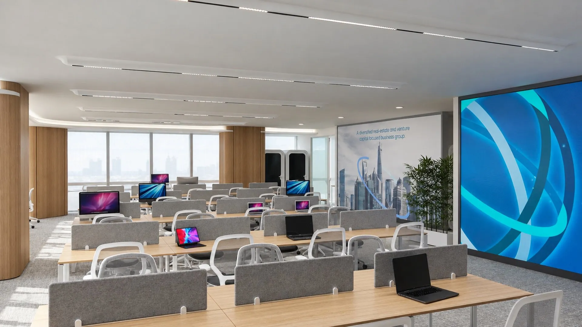 Open sales floor with rows of oak desks and a large LED wall