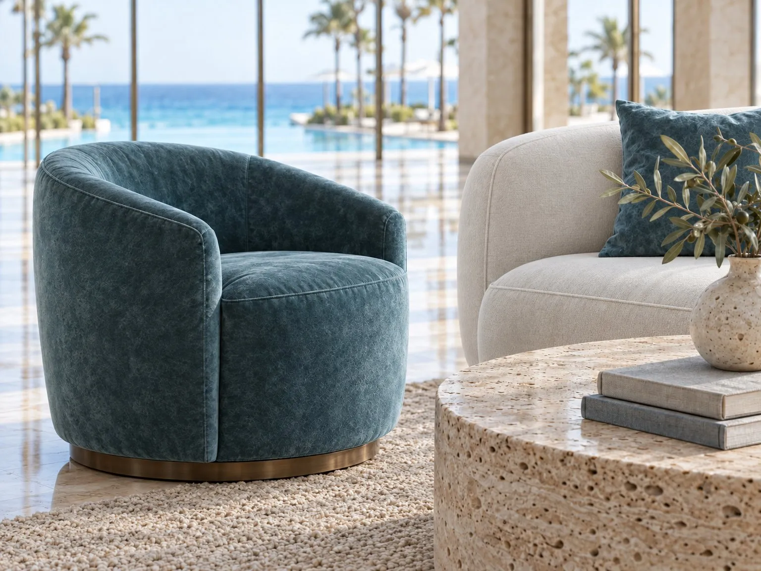 Teal velvet armchair beside a travertine side table, pool in the background