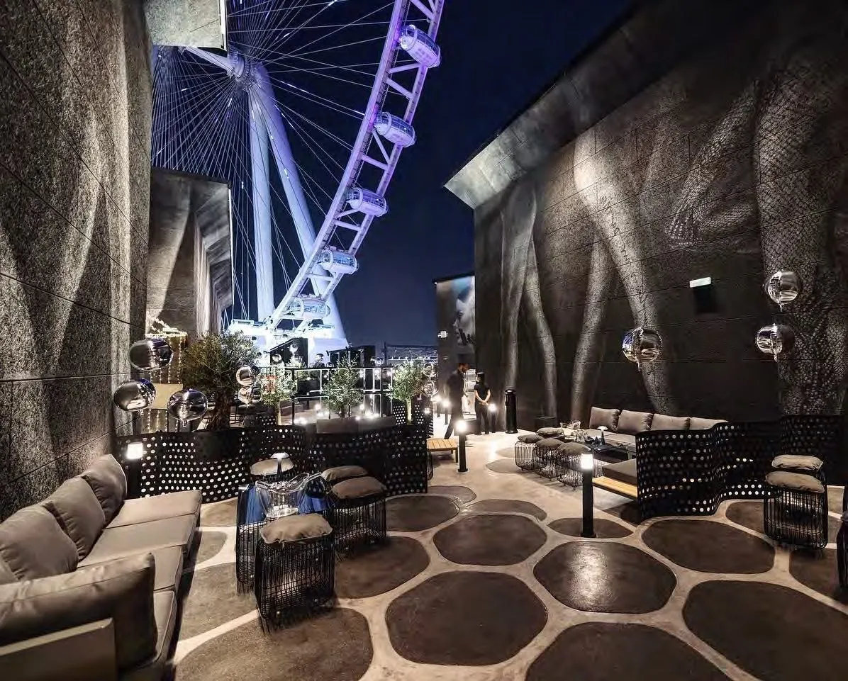 Terrace seating with hexagonal floor tiles