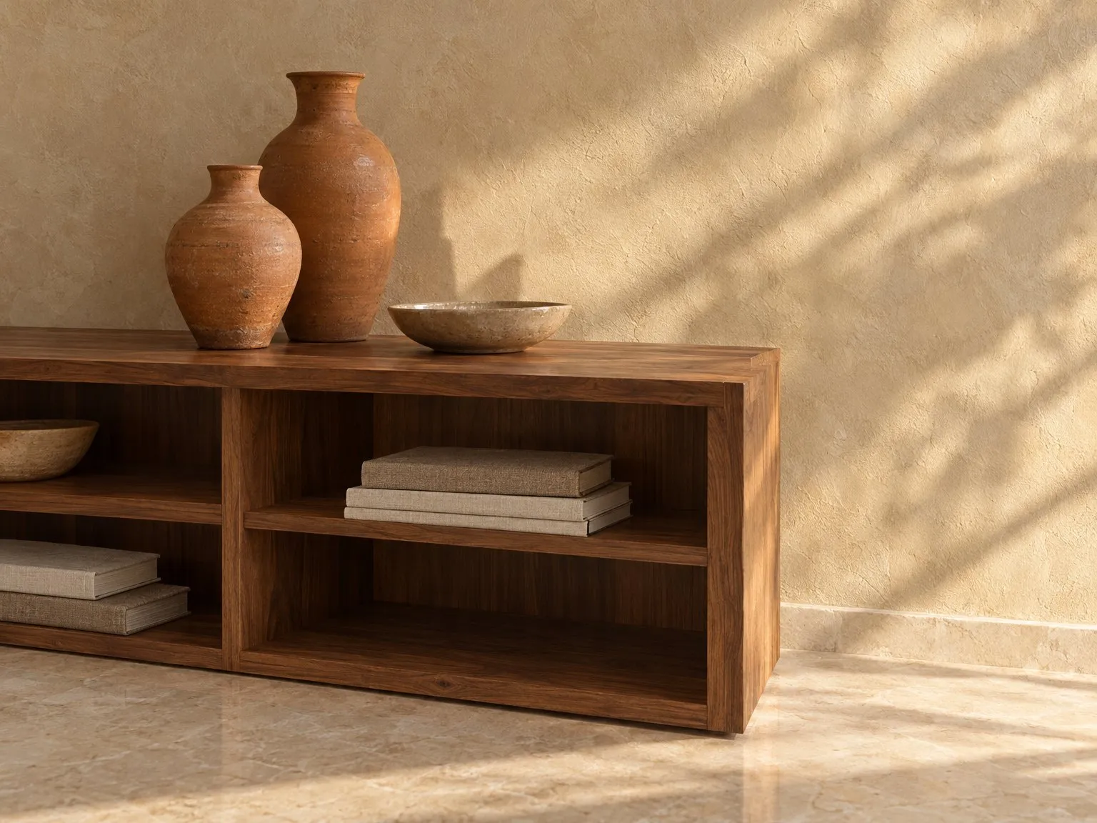 Walnut console with terracotta vessels against a clay-plaster wall