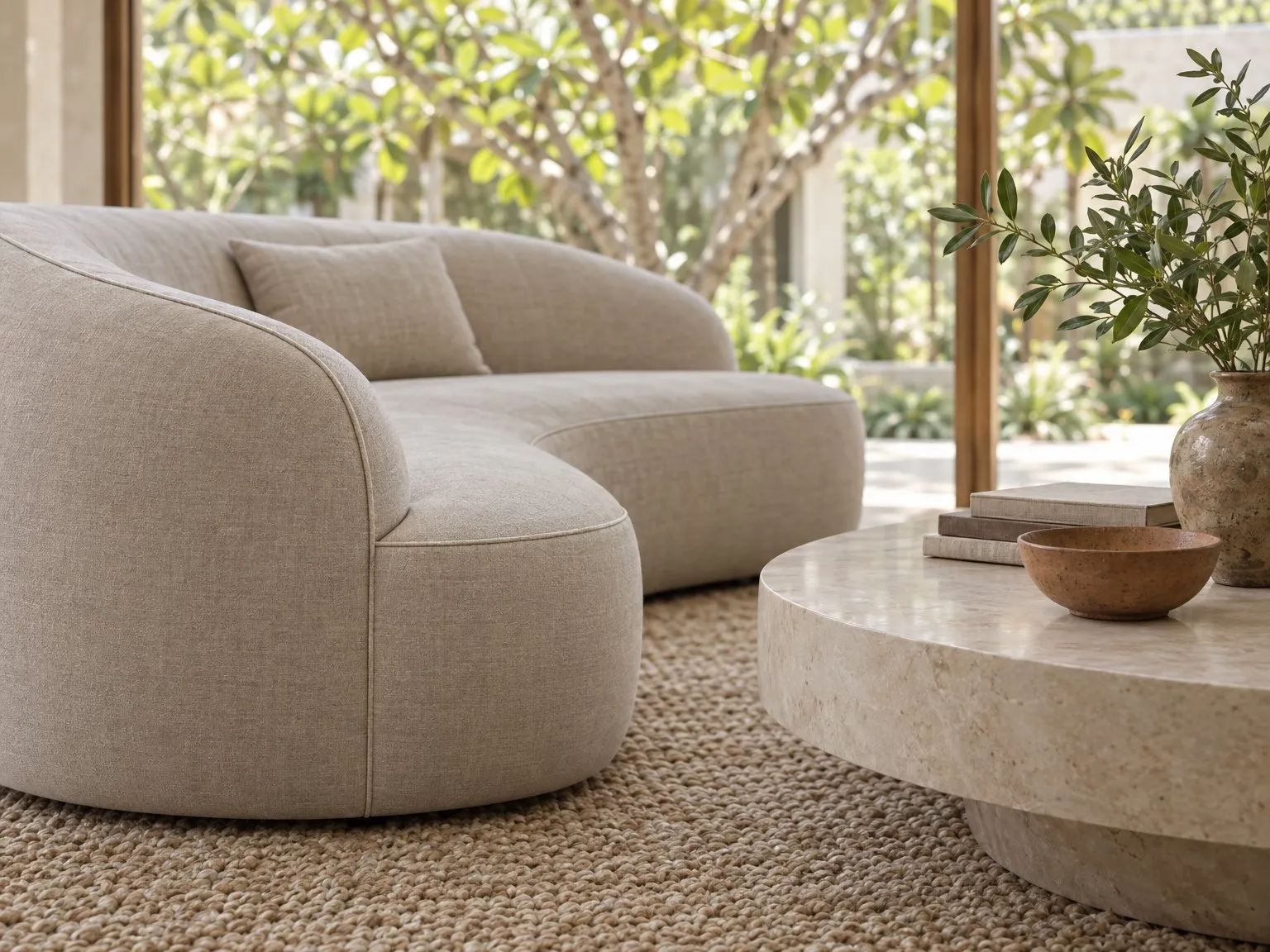 Detail of the curved sofa and travertine table