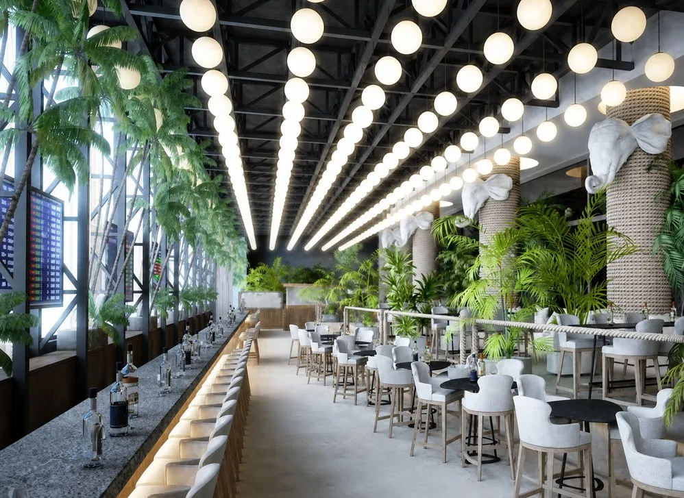 Covered terrace with planted screens and rows of globe lights