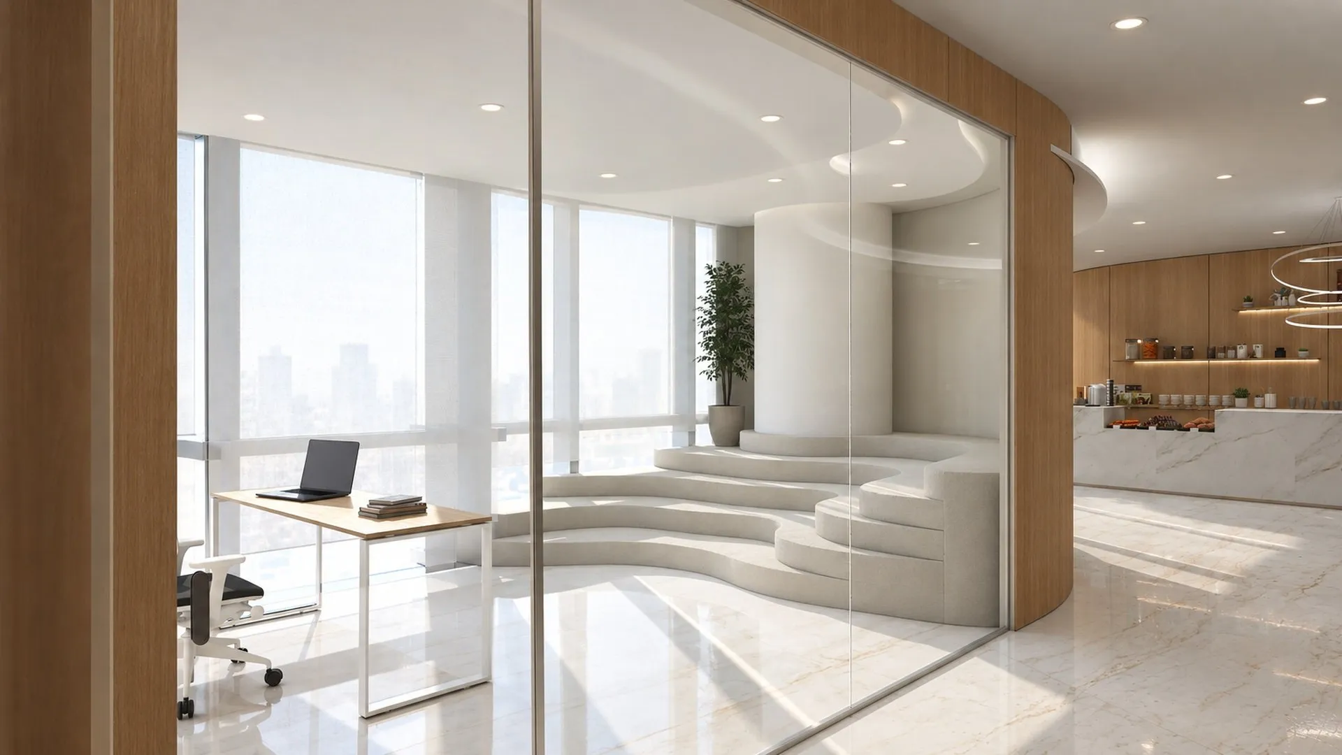 Training steps and glazed meeting rooms