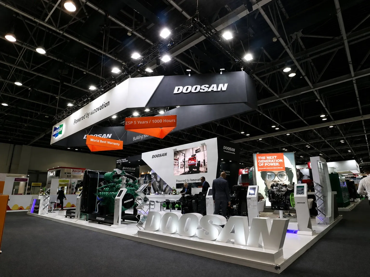Doosan lettering on the front of the stand