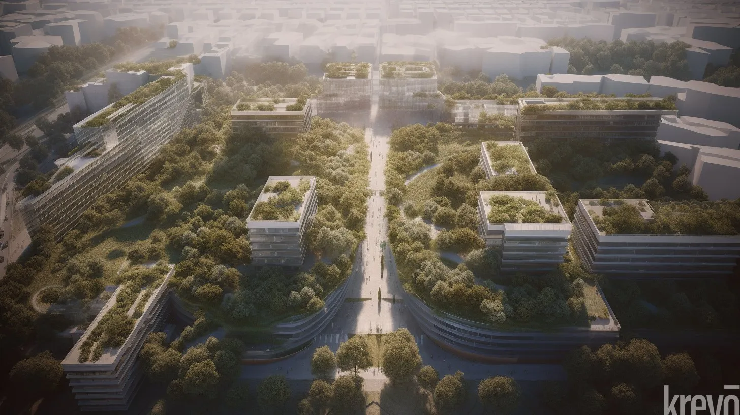 Aerial view of the two linear parks crossing the district