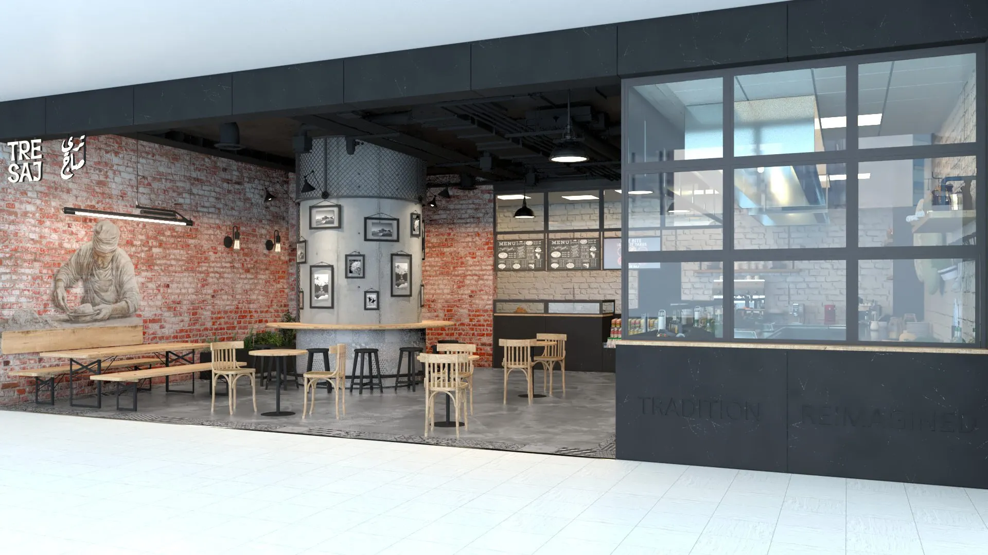 Tre Saj café interior seen from the entrance, with the counter and menu boards